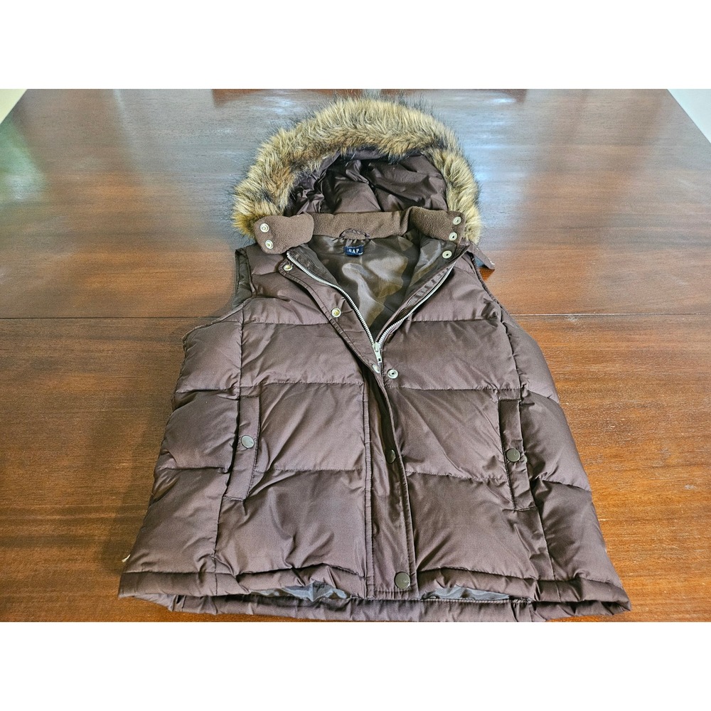 Gap Puffer Vest Womens Medium Brown Faux Fur Trim Hooded Quilted Full Zip